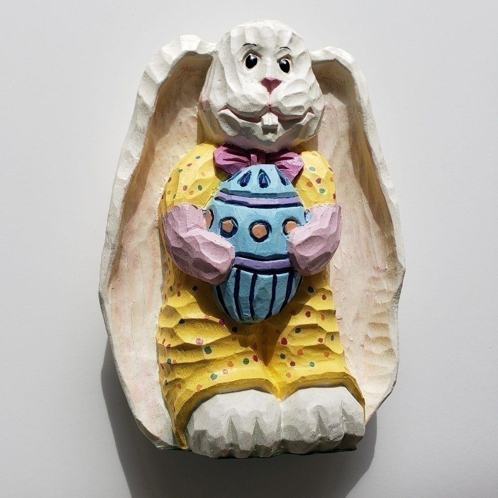 Wood Carved Looking Bunny Rabbit With Big Ears Holding Easter Egg 7" Tall Resin